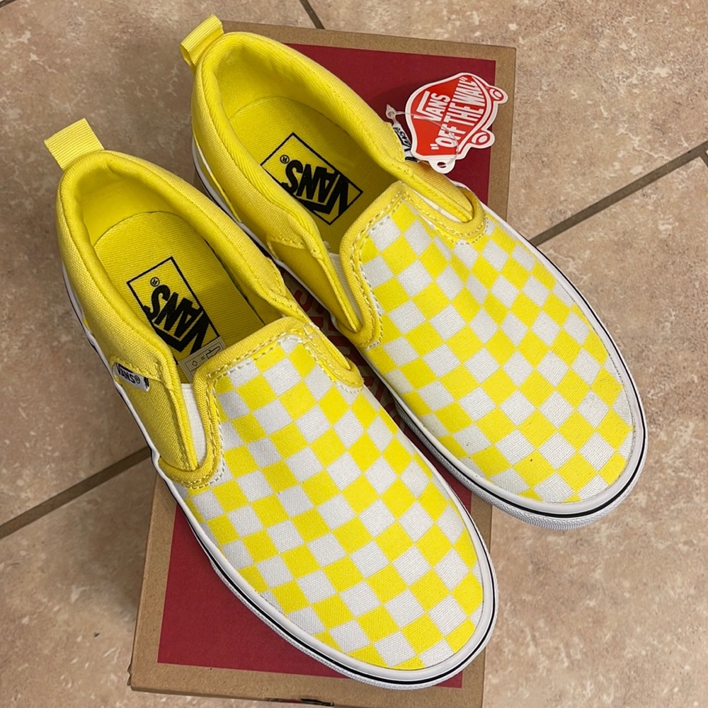 Brand new kid’s checkerboard blazing yellow vans.